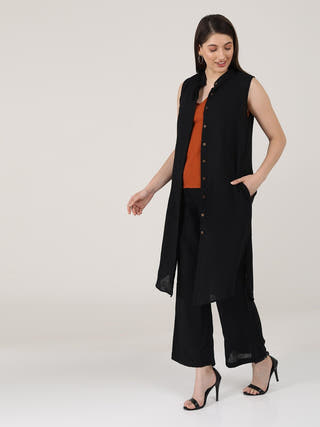 Solid Long Shirt and Wide Leg Pants and V-neck Top 3-Piece Co-ord Set - Linen & Organic Cotton coord set for women in Autumn Rust & Black color