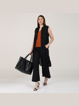 Solid Long Shirt and Wide Leg Pants and V-neck Top 3-Piece Co-ord Set - Linen & Organic Cotton coord set for women in Autumn Rust & Black color