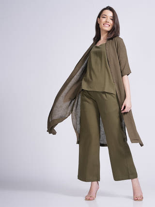 Solid Slip Top With Long Shirt And Wide Leg Pant 3-Piece Co-Ord Set - Linen & Tencel coord set for women in Olive color