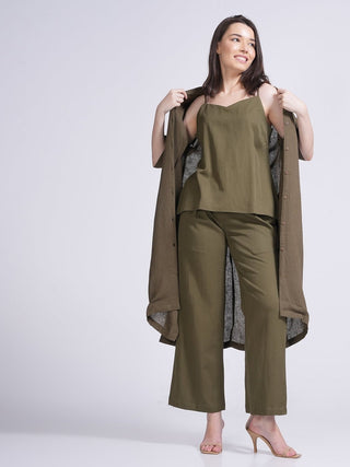 Solid Slip Top With Long Shirt And Wide Leg Pant 3-Piece Co-Ord Set - Linen & Tencel coord set for women in Olive color