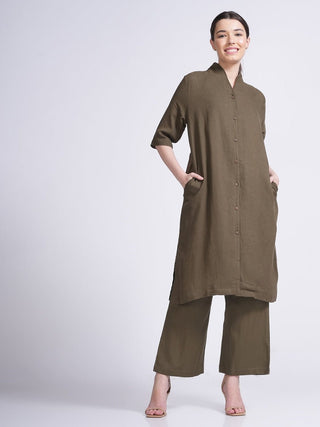 Solid Slip Top With Long Shirt And Wide Leg Pant 3-Piece Co-Ord Set - Linen & Tencel coord set for women in Olive color