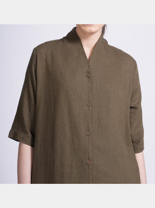 Solid Slip Top With Long Shirt And Wide Leg Pant 3-Piece Co-Ord Set - Linen & Tencel coord set for women in Olive color