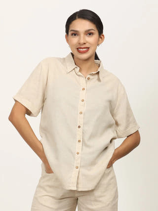 Beige Linen Button Down Half Sleeve Shirt Saltpetre Beige