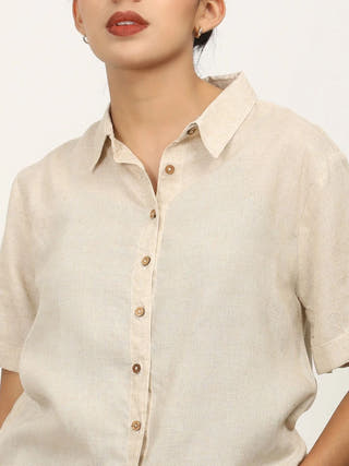 Beige Linen Button Down Half Sleeve Shirt Saltpetre Beige