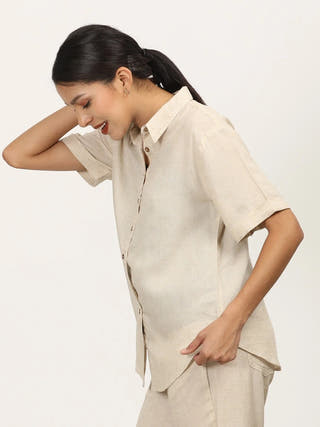 Beige Linen Button Down Half Sleeve Shirt Saltpetre Beige