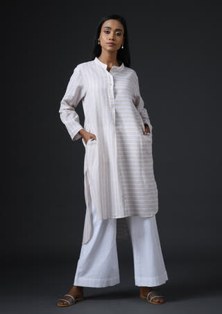 Striped High Low Tunic-Beige