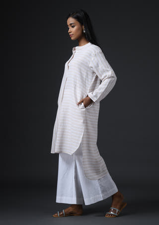 Striped High Low Tunic-Beige