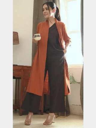 Tencel & Organic Cotton Solid Slip Top with Long Shirt and Wide Leg Pant 3-Piece Co-ord Set - Tencel & Organic Cotton coord set for women in Dusty Pink & Navy color