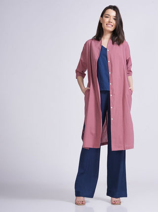 Tencel & Organic Cotton Solid Slip Top with Long Shirt and Wide Leg Pant 3-Piece Co-ord Set - Tencel & Organic Cotton coord set for women in Dusty Pink & Navy color