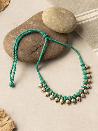 NecklaceTurquoise Patwa Thread Necklace with Metallic BeadsKaladoraFlourish Planet
