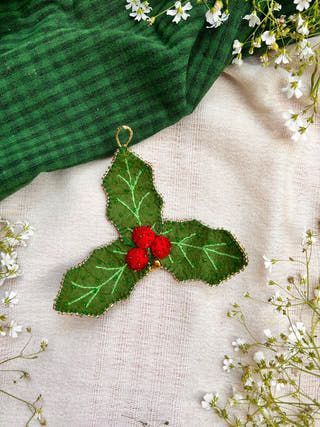Hand Embroidered Holly Leaves Christmas Ornaments | Set of 2