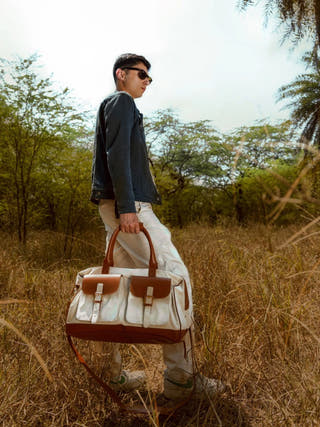 Ajax Vegan Leather Duffle Bag Beige & Gingerbread