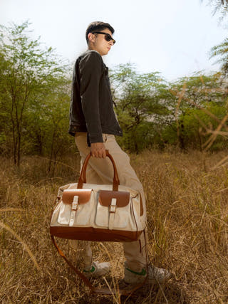 Ajax Vegan Leather Duffle Bag Beige & Gingerbread