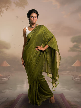 Kanak Olive Green Handloom Mul Cotton Saree