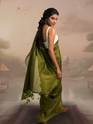 Kanak Olive Green Handloom Mul Cotton Saree