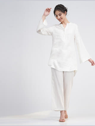 Women Linen Solid Bell Sleeve Tunic Top Saltpetre