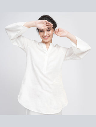 Women Linen Solid Bell Sleeve Tunic Top Saltpetre