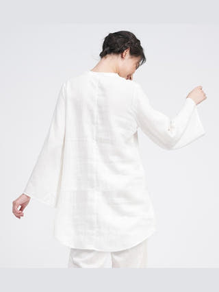 Women Linen Solid Bell Sleeve Tunic Top Saltpetre