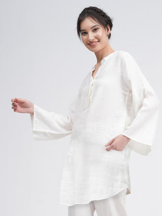 Women Linen Solid Bell Sleeve Tunic Top Saltpetre