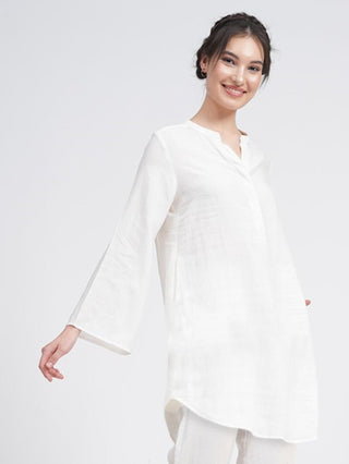 Women Linen Solid Bell Sleeve Tunic Top Saltpetre