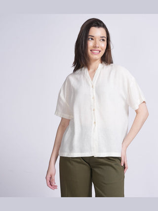 Women Linen Solid Drop Shoulder Shirt Saltpetre