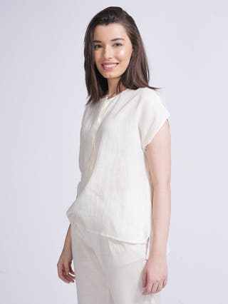 Women Linen Solid Half Placket Top Saltpetre