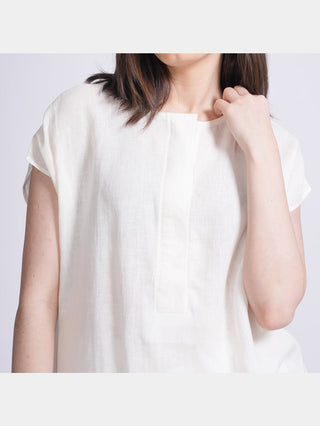 Women Linen Solid Half Placket Top Saltpetre