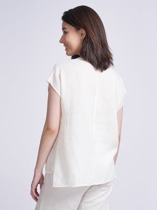 Women Linen Solid Half Placket Top Saltpetre