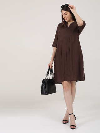 DressesWomen Linen Solid Panelled V - Neck DressSaltpetre