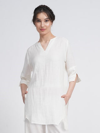 Women Linen Solid Split V Neck Tunic Top Saltpetre