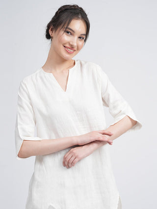 Women Linen Solid Split V Neck Tunic Top Saltpetre