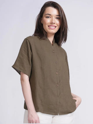 Women Linen Wrap Collar Top Saltpetre