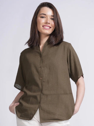 Women Linen Wrap Collar Top Saltpetre