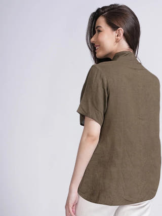 Women Linen Wrap Collar Top Saltpetre