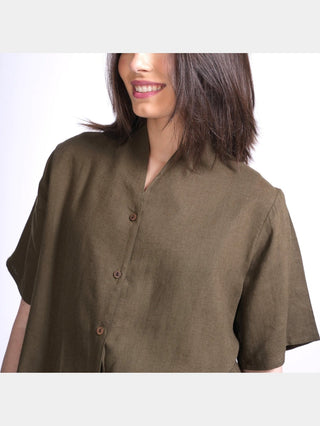 Women Linen Wrap Collar Top Saltpetre