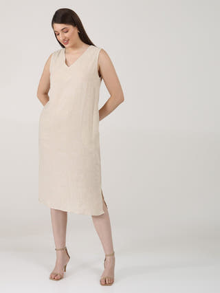 DressesWomen Solid linen Sleeveless V - Neck Midi DressSaltpetre