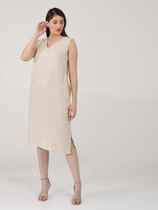 DressesWomen Solid linen Sleeveless V - Neck Midi DressSaltpetre