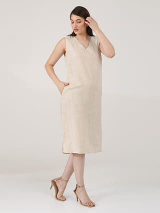 DressesWomen Solid linen Sleeveless V - Neck Midi DressSaltpetre