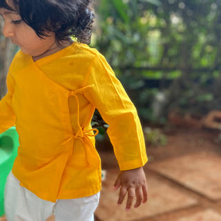 Unisex Organic Yellow Angrakha and White Pants for Kids