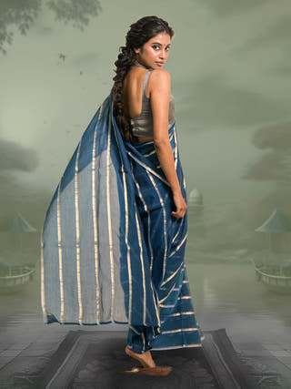 Yashini Blue Handloom Mul Cotton Saree