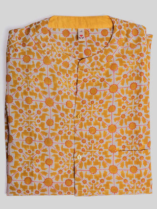 NAKSHA Linen Hand Block Printed Full Sleeve Shirt Yellow and Red Anantaya
