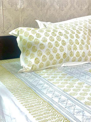 Block Printed Double Bed Sheet Grey & Blue Alankaran Designs