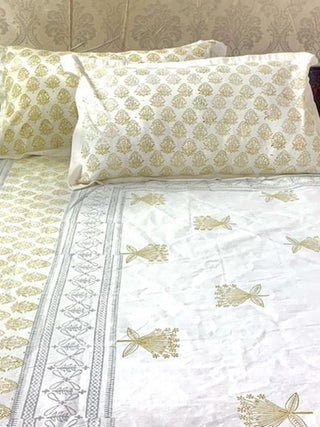 Block Printed Double Bed Sheet Grey & Blue Alankaran Designs