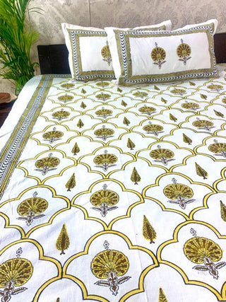 FLORAL Design Block Printed Bed Sheet Orange & Blue Alankaran Designs