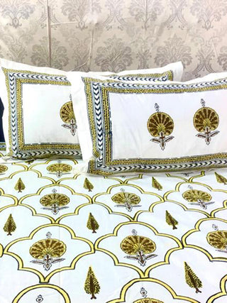 FLORAL Design Block Printed Bed Sheet Orange & Blue Alankaran Designs