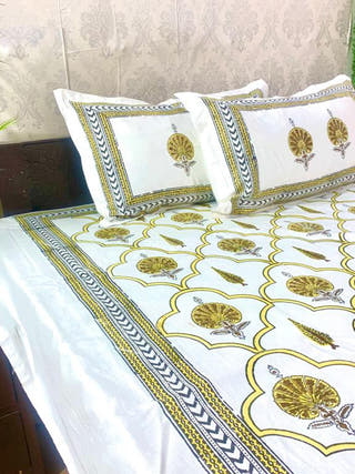 FLORAL Design Block Printed Bed Sheet Orange & Blue Alankaran Designs