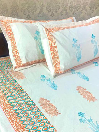 LUSTROUS Floral Design Block Printed Bed Sheet Indigo Alankaran Designs