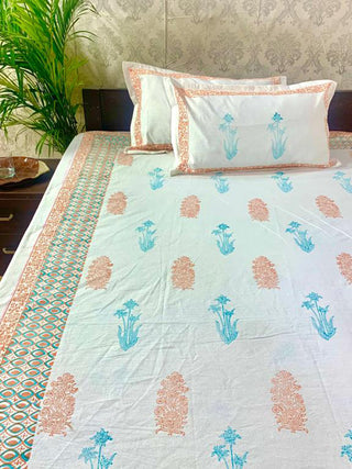 LUSTROUS Floral Design Block Printed Bed Sheet Indigo Alankaran Designs