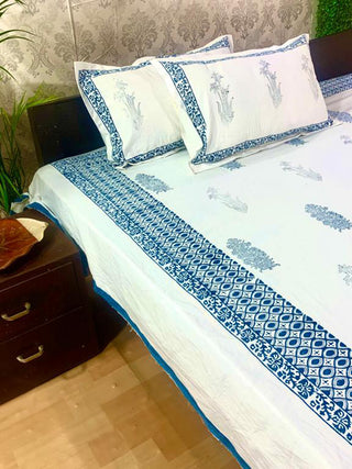 TRADITIONAL MEHNDIGREE Block Printed Bed Sheet Blue Alankaran Designs