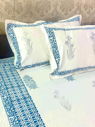 TRADITIONAL MEHNDIGREE Block Printed Bed Sheet Blue Alankaran Designs